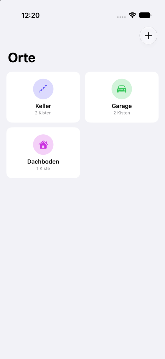 Die Ortsliste als Kacheln: Keller mit Treppensymbol, Garage mit Auto, Dachboden mit Haus, je mit Anzahl der Kisten.