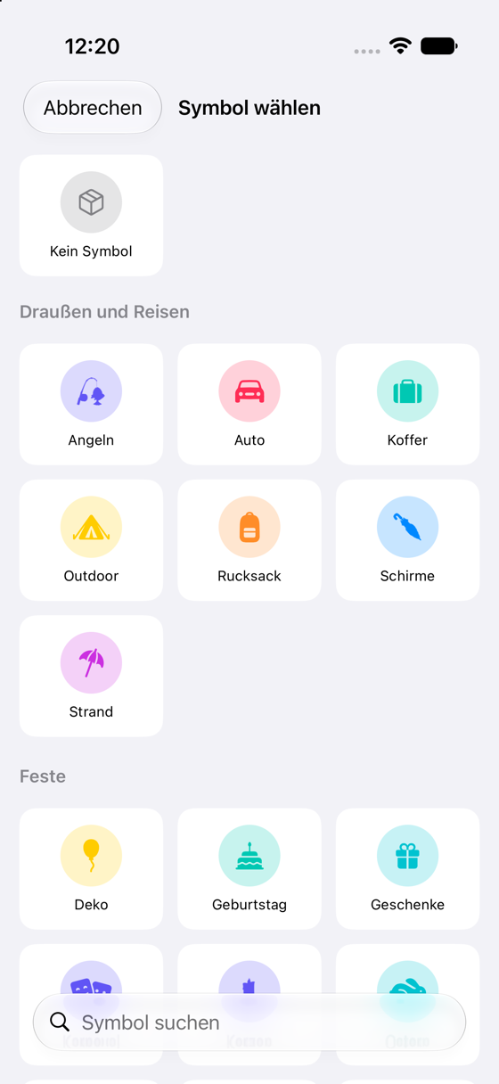 Die Symbolauswahl mit farbigen Zeichen in Gruppen wie „Draußen und Reisen“ und „Feste“, darunter ein Suchfeld.